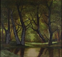 1W391 Régi jelzett selyemre festett tempera kép - Erdőbelső selyemkép 45 x 41 cm