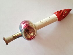 Régi üveg karácsonyi csúcsdísz gyertya alakú feher piros karácsonyfadísz 23 cm