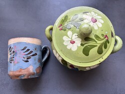 Antik kézzel festett zöld mázas kerámia komatál