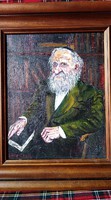 Sipos Csaba : A könyvtárban (olaj vásznon, 24x30 cm) festmény fa keretben