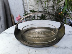 Antik szecessziós Herrmann mester jegyes ezüst jellegű asztalközép kínáló  eredeti üveg.Herrmann.jel