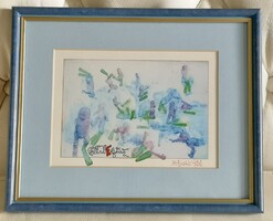 Békaemberek, absztrakt akvarell festmény, tenger ,búvársport, vizalattir 29 x 24 cm