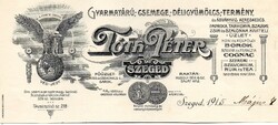 Reklám cédula: Tóth Péter Ásványvíz, paprika, bor... Szeged 1915.