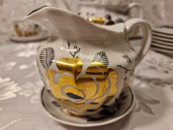 Verbilki, régi Orosz 6 személyes arany rózsás porcelán teáskészlet, 6 darab süteményes kistányérral