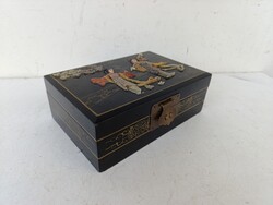 Antik kínai ékszer tartó zsírkő berakásos dekoratív fa doboz gésa motívum 946 3068