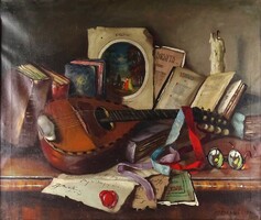 1W436 Apátfalvi Czene János : Íróasztali csendélet mandolinnal 50 x 61 cm