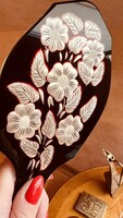 Deep burgundy antique hand mirror with mother-of-pearl inlay 26 cm