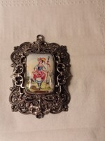 Antik porcelánbetétes ezüst medál