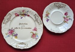 Barock német porcelán reggeliző tányérpár hiányos csészealj kistányér tányér virág mintával