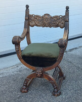 Dúsan faragott oroszlános Savonarola vagy jezsuita ollós lábú pazar neo reneszánsz karos szék