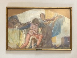 VAJDA ZSIGMOND (1859-1931) MITOLÓGIAI JELENET FRESKÓ TERV, ANTIK FESTMÉNY EREDETI KERETBEN HAGYATÉKI