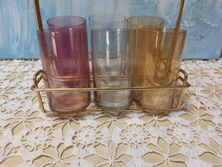 Retró több színű üveg pohár, üdítős pohár kínálóval, tartóval