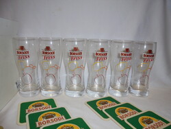 Hat darab "Borsodi Friss" három dl-es  söröspohár + 2 x 12 db poháralátét együtt - újak