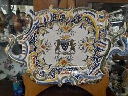 Francia Henriot Quimper Kerámia Kézi Festésű Füles Tálca,Kínáló,Falidísz.36 cm.