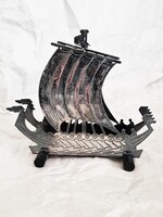 Régi skandináv ezüstözött viking hajó íróasztali levéltartó / szalvétatartó