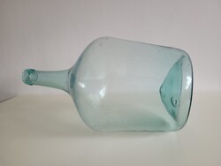 Régi nagy méretű 10 literes zöld huta üveg üvegpalack kúpos aljú antik ballon palack dekoráció