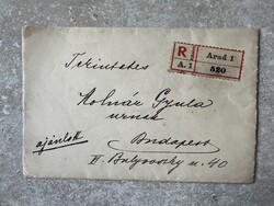 Arad ragjeggyel ellátott üres boríték arató bélyegekkel 1918