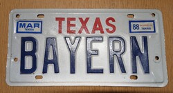 Régi USA amerikai rendszám rendszámtábla 1988-ból TEXAS BAYERN