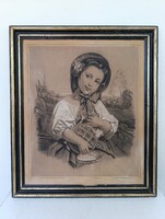 Antik festmény biedermeier lány pasztell eredeti keretében szignó nélkül 842 2278