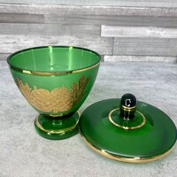 Bohemian green talpas arany--zöld üveg bonbonier kínáló