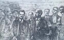 Varga Nándor Lajos: Lenin a kommunárdok falánál, Párizs (rézkarc) történelmi, kommunizmus, szocreál