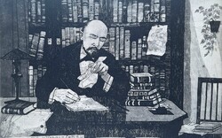 László Lukovszky: Lenin in the London Library (etching) historical graphics, communism, socialist realism