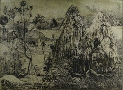 1W460 Gazsó Rozália: "Kukoricás" rézkarc 40 x 29.5 cm