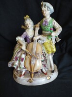 Zenész pár nagyobb méretű, német porcelán figura hibátlan, jelzett, 22 cm