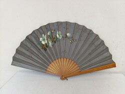 Antique Painted Fabric Fan with Carved Wooden Handle for Costume or Theater 417 3155