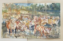 MÓRÉ MIHÁLY (1924-1997) TEHENEK, MODERN KÉPCSARNOKOS, JELZETT, OLAJ, FAROST FESTMÉNY 102 x 61 CM