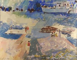 1W455 Gulyás Dénes : Balatonpart gőzhajóval 1968 46 x 36 cm