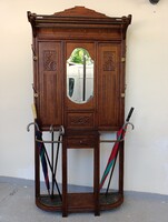 Antik előszobafal Art Deco faragott tükrös ruha akasztós fa előszoba fal esernyő tartó 324 3108