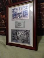 1902-es Osztrák-Magyar KORONA ezüsttel bevont plasztik bankjegyek (REPLIKA!) RETRO képkeretben.