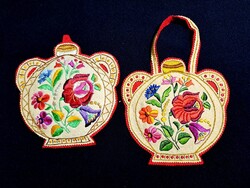 2 db kalocsai mintával hímzett tömött filc kulacs, fali dísz 25 x 25 cm