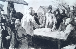 Gy. Molnár István: Termelőszövetkezeti csoport szervezése, 1948 (rézkarc) - történelmi, szocreál