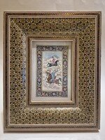 Régi perzsa festmény eredeti Khatam mikromozaik intarzia keretben
