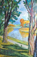 Zórich József: Sugó-part (olaj, vászon) Sugovica part, Baja - színes folyóparti, vízparti táj