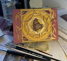 Papillon doré /Arany pillangó fa alapon olaj és akvarell, punchwork