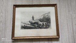 Szőnyi István Ökrös szekér  eredeti jelzett rézkarc 1925 - ből