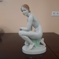 Herendi porcelán fürdőző nő, női akt lepellel figura Lux Elek