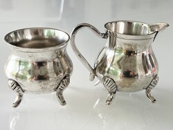 Antik alpakka cukortartó és tejszínes szett, 5,5 és 6 cm magasak