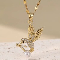 18K Aranyozott Kolibri Madár Medál Nyaklánc Csillogó Cirkónia Kövek Természetes Gyöngy Nemesfém Új