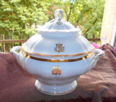 Bécsi antik fedeles   leveses tál, festett monogrammal