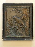 TÚZOK MADÁR, VADÁSZ BRONZÍROZOTT FÉM FALIKÉP, ANTIK KERETEZETT KÉP 29 X 24.5 CM