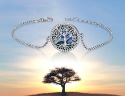 Abalone Kagyló Életfa Karkötő Gyöngyház Berakással 925 Tiszta Ezüst Platina Bevonatú Ékszerdoboz Új.