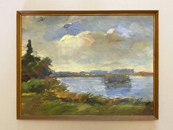 KARLOVICS TIBOR (1949-) VÍZPART 1978, JELZETT TÁJKÉP OLAJ, VÁSZON FESTMÉNY, RETRO LÉC KERETBEN