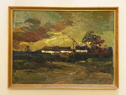 KARLOVICS TIBOR (1949-) JELZETT TANYA 1978, TÁJKÉP OLAJ, KARTON FESTMÉNY, RETRO LÉC KERETBEN