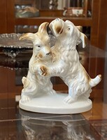 SITZENDORFI, BIRKOZÓ FOXI KUTYA PÁROS, RETRO, NÉMET PORCELÁN SZOBOR SÁRGA JELZÉSSEL