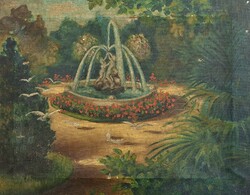 Parkrészlet szoboralakos szökőkúttal (olaj-vászon 36x45) tájkép, idill, természet, fák)
