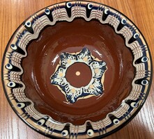 Mély kerámia tál, bowl kézzel festett bolgár, mandala, ill. Allah szeme motívummal